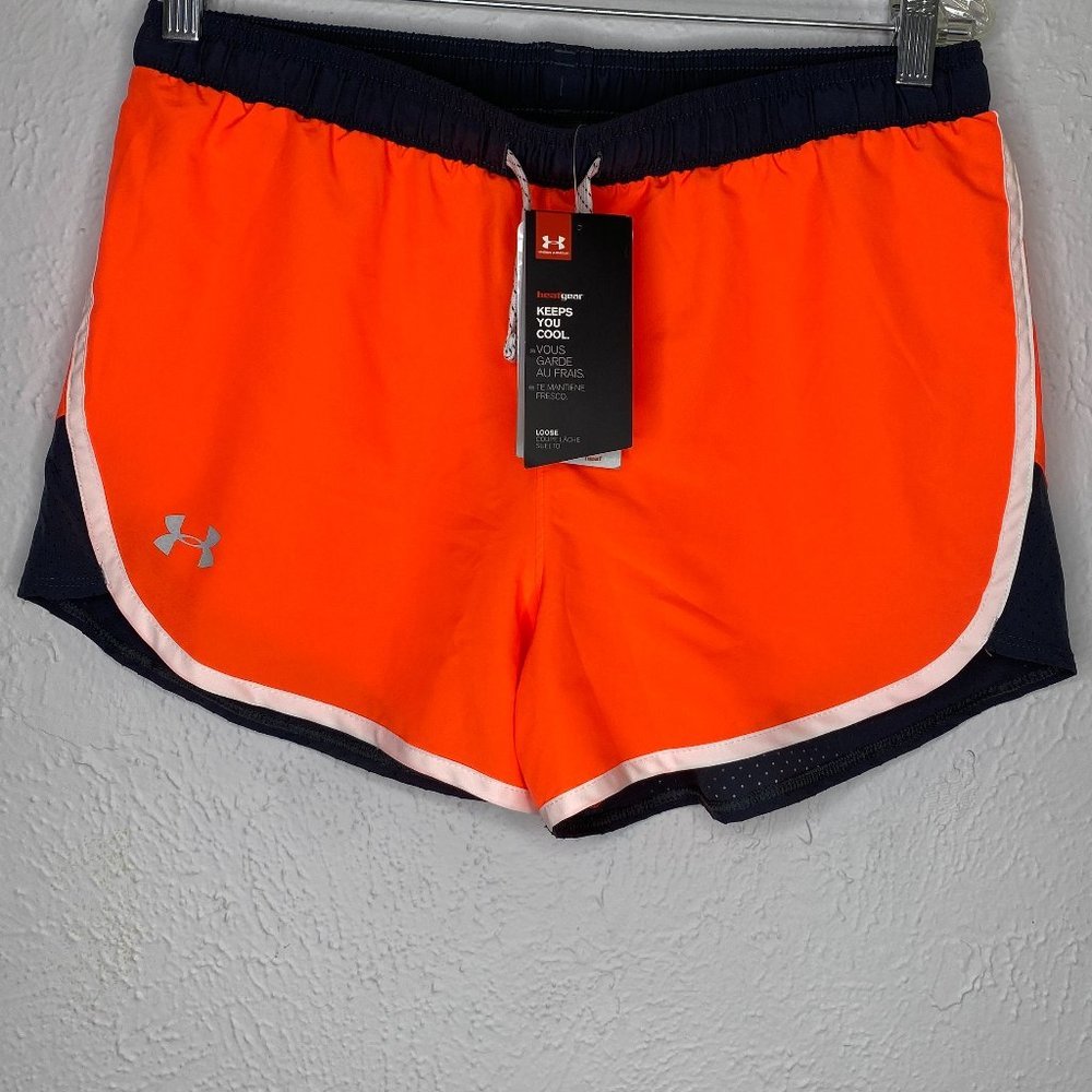 Under Armour NWT, teen XL, navy and orange loose running shorts w/elastic waist.